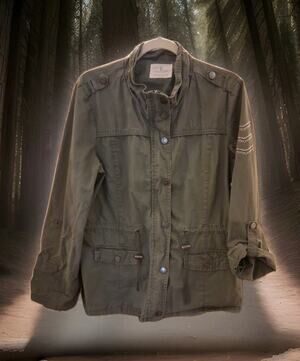 Jade & Ivory Military Style Jacket XLCoat Full Zip Snap Roll Tab Sleeves Studded